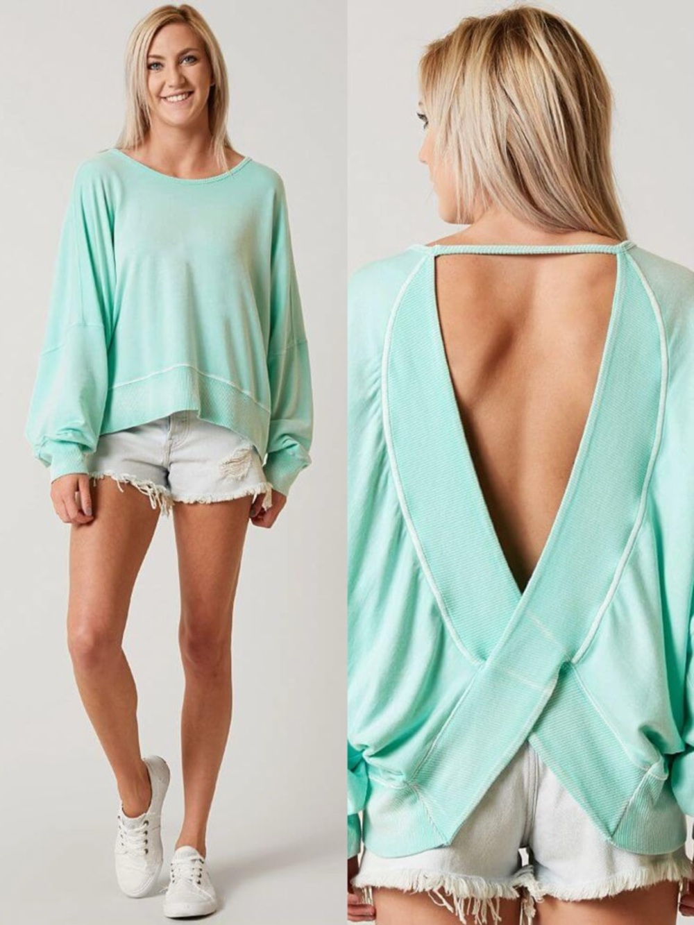 Free People Back It Up Open Back Sweatshirt in Mint